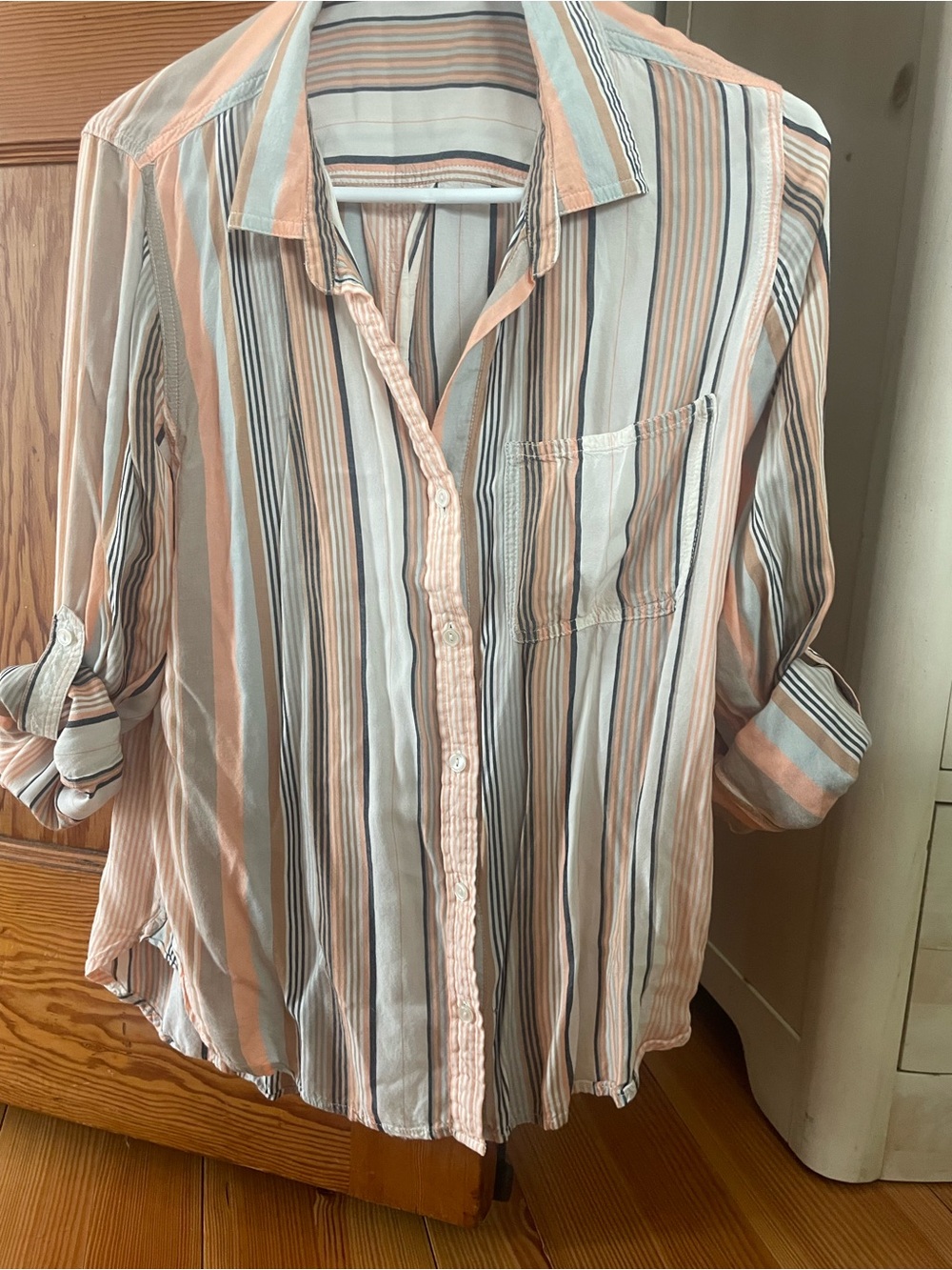 Velvet Heart Striped Button-Up Shirt in Peach, White & Gray